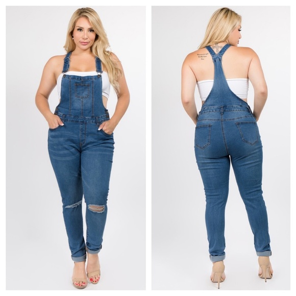 Medium Wash Blue Denim Distressed Overalls - Picture 2 of 3